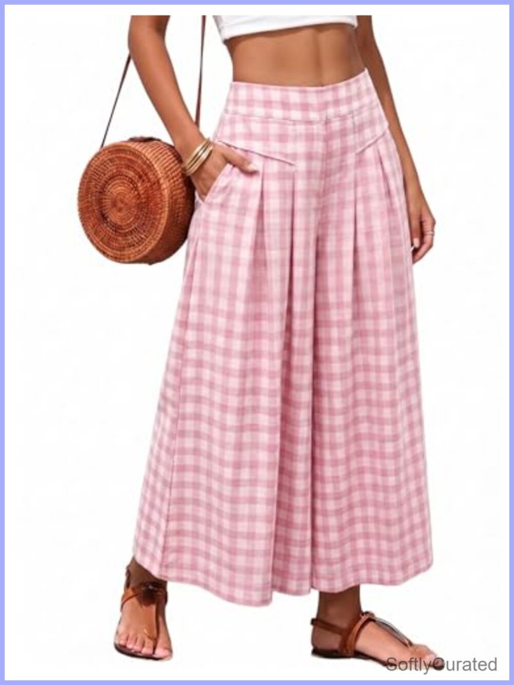 100% Cotton Gingham Plaid Wide Leg Capri Palazzo Pants with Pockets
